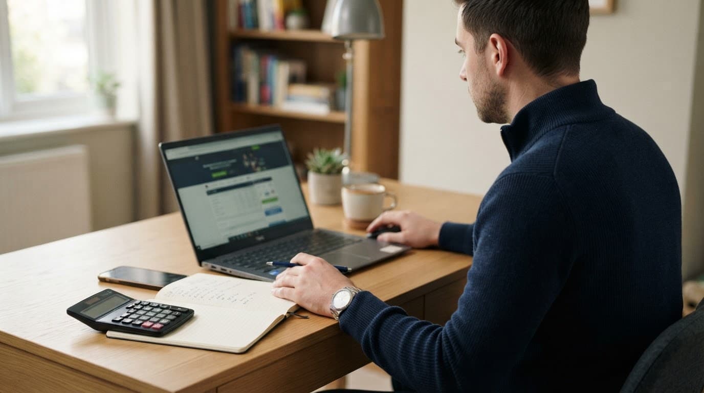 A bettor checks documents beside a laptop, notebook, and calculator at a home desk.