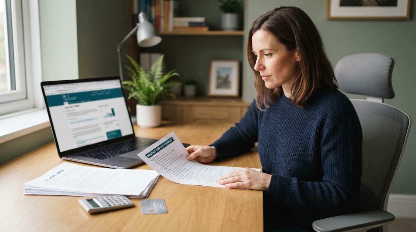 A consumer checks account papers beside a laptop, calculator, and bank card at a home office desk.