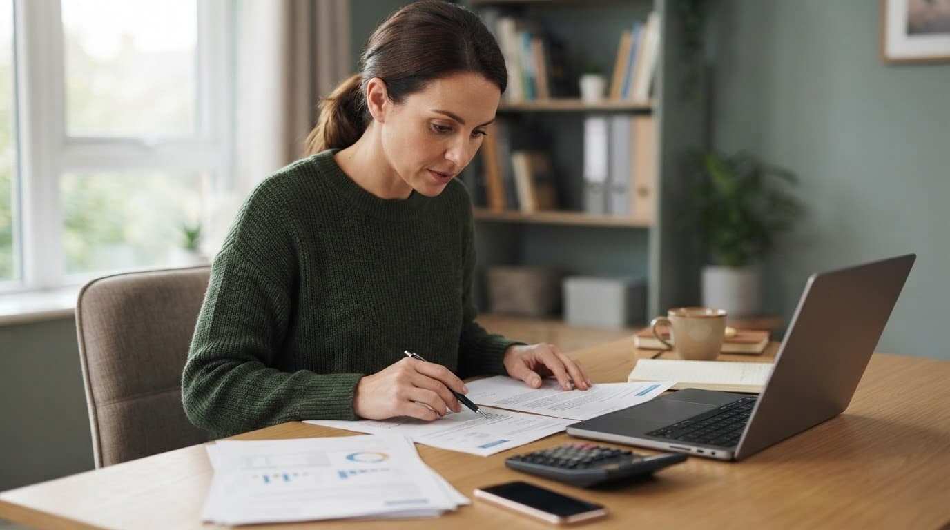 Consumer reviewing broker documents beside a laptop, calculator, and phone at a home office desk.