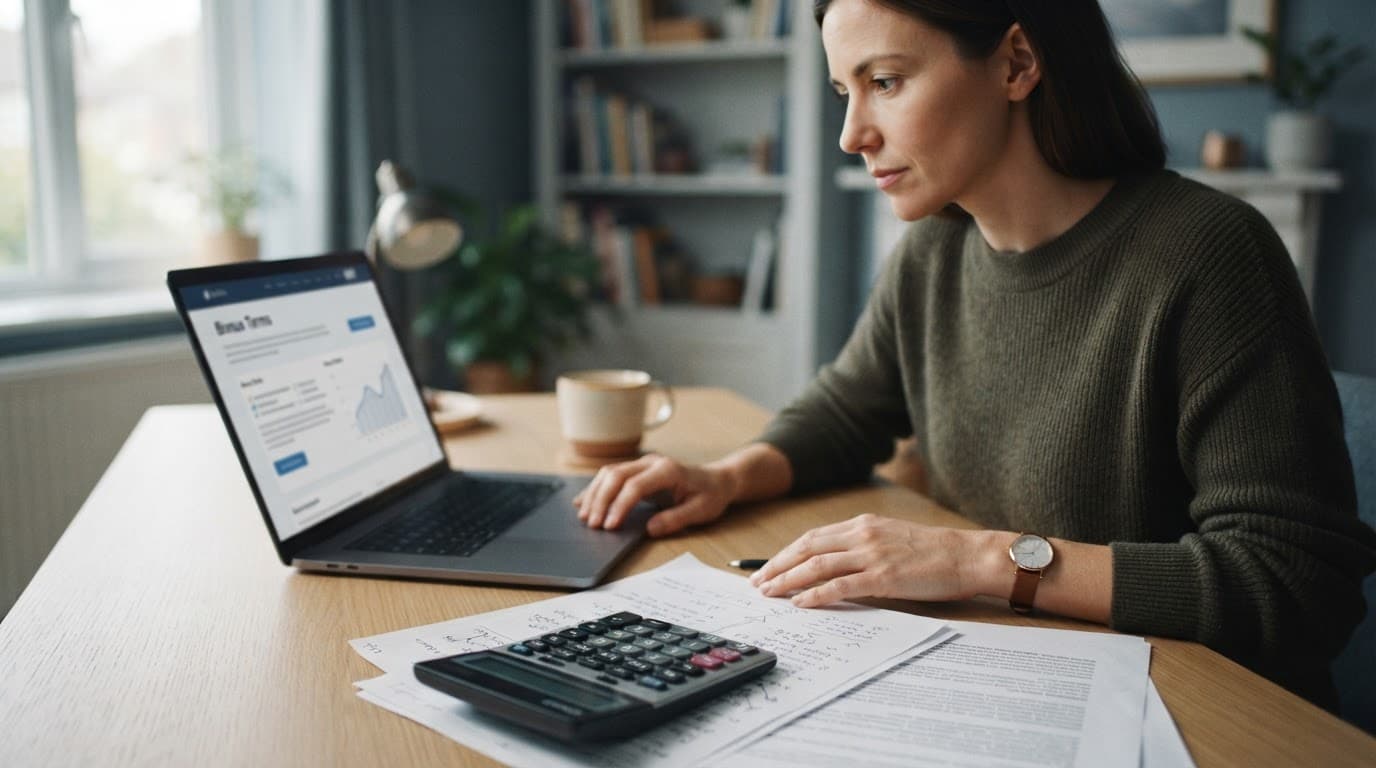 A person reviews bonus terms on a laptop beside a calculator and notes.