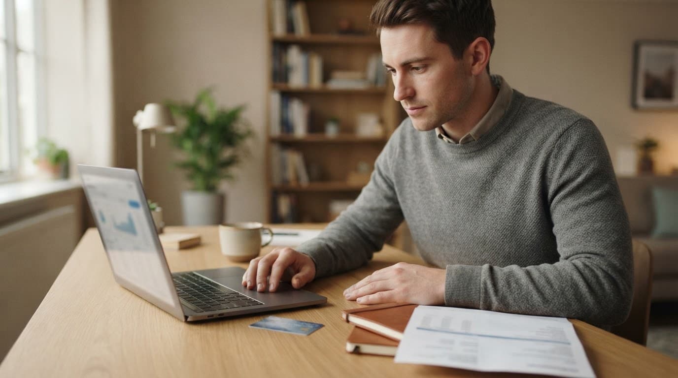 A person checks a laptop beside a debit card, notebook, and bank statement.