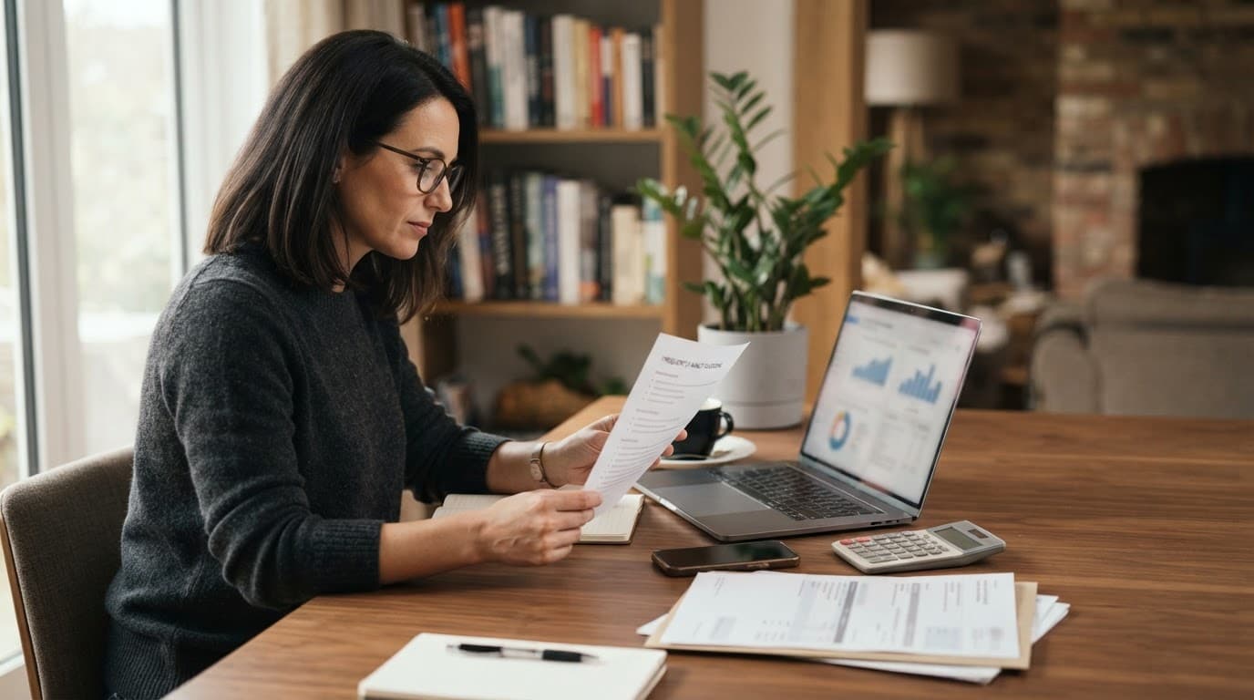 A researcher reviews papers beside a laptop, smartphone, calculator, and payment documents.