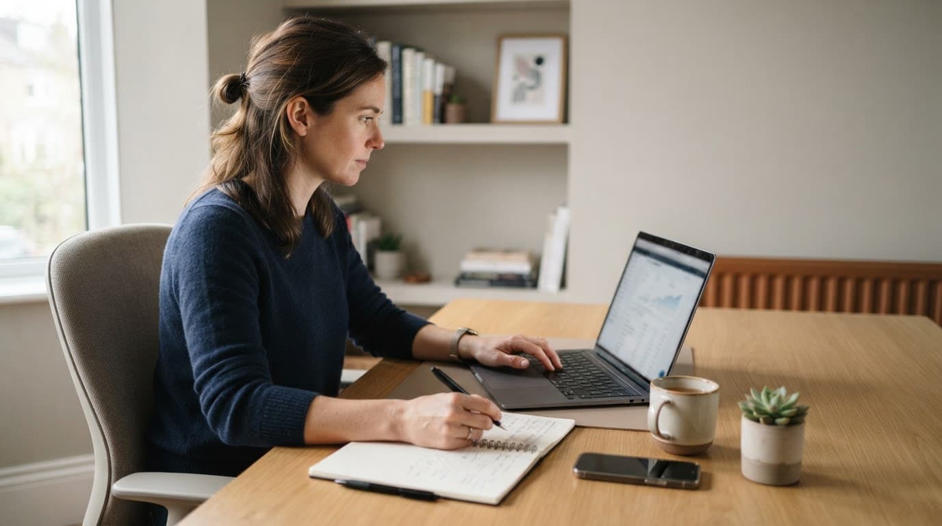 A consumer checks a laptop beside a notebook and phone at a home office desk.