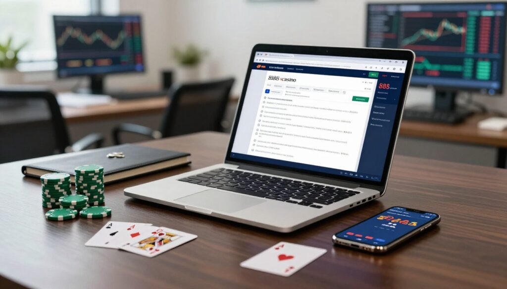 Laptop and smartphone with casino screens, chips, cards, and a Union Jack pin on a desk.