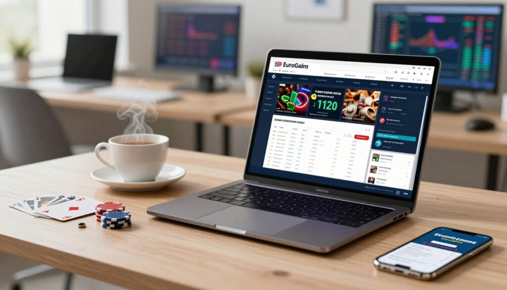 Laptop and phone showing betting screens beside poker chips, cards, tea, and a Union Jack pin.