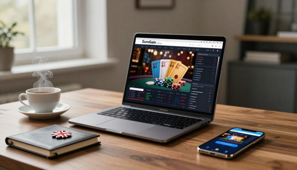 Laptop and smartphone showing blurred casino games beside tea and a Union Jack notebook.