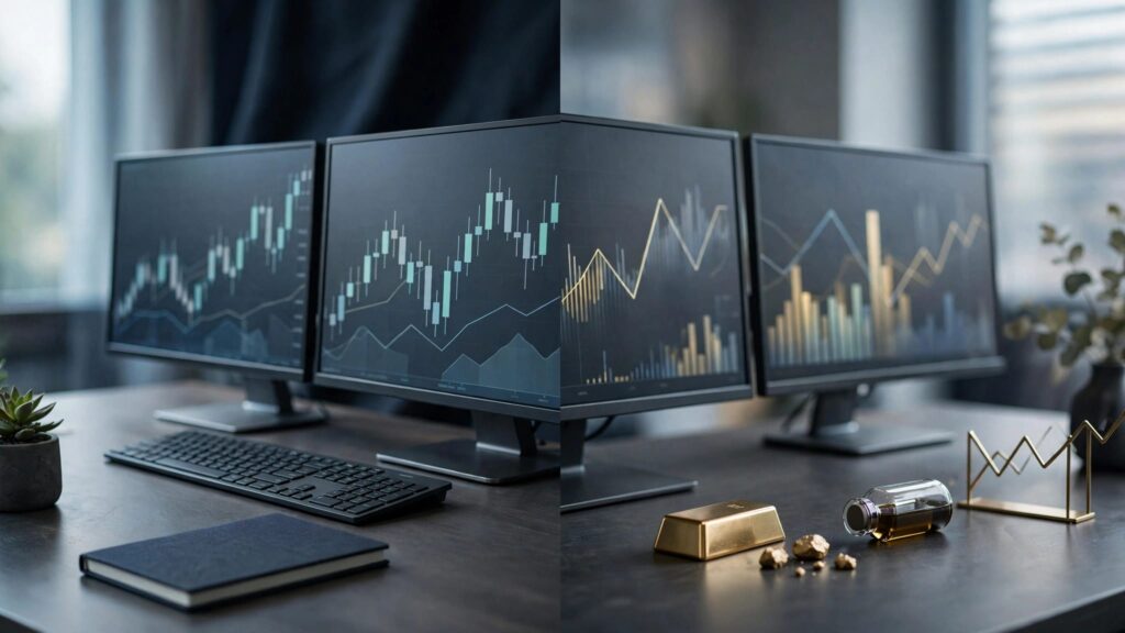 A split trading desk shows forex charts on one side and gold, oil, and stocks on the other.
