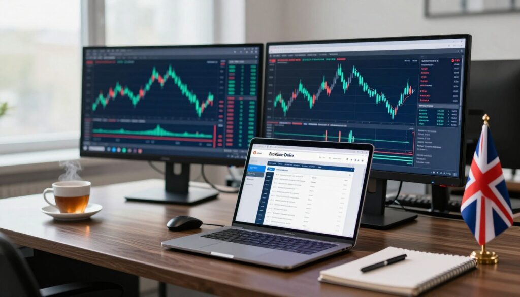Dual monitors show candlestick charts beside a laptop, tea, and a Union Jack pin.