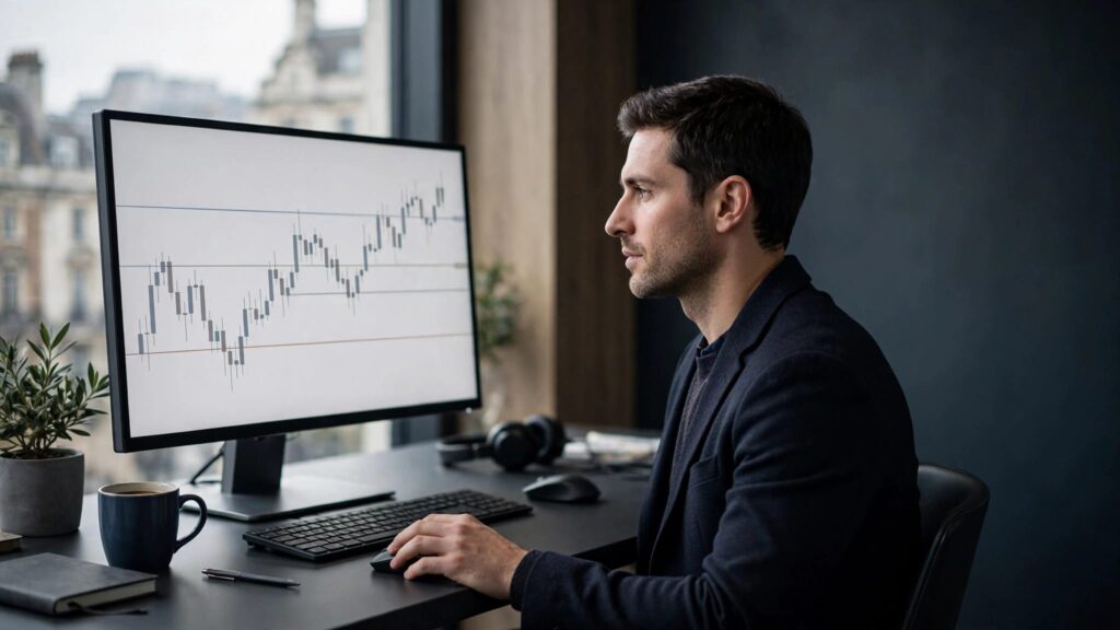 Trader viewing a forex candlestick chart with three horizontal levels on a monitor.
