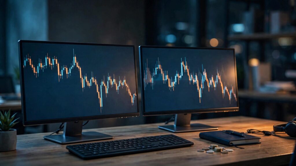 Dual monitors show volatile candlestick charts above a keyboard and notebook.