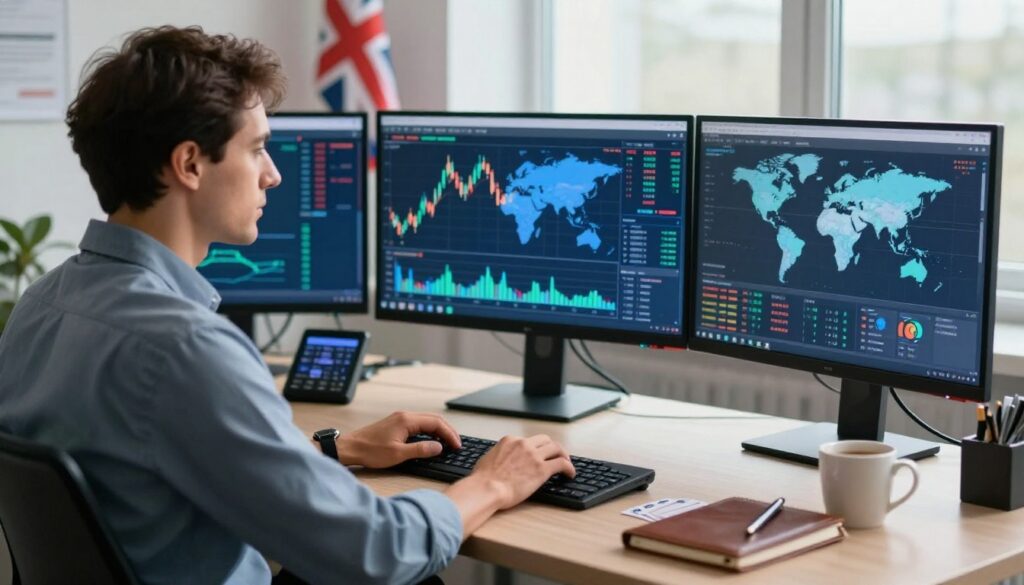 A professional viewing forex charts on three monitors at a UK trading desk.