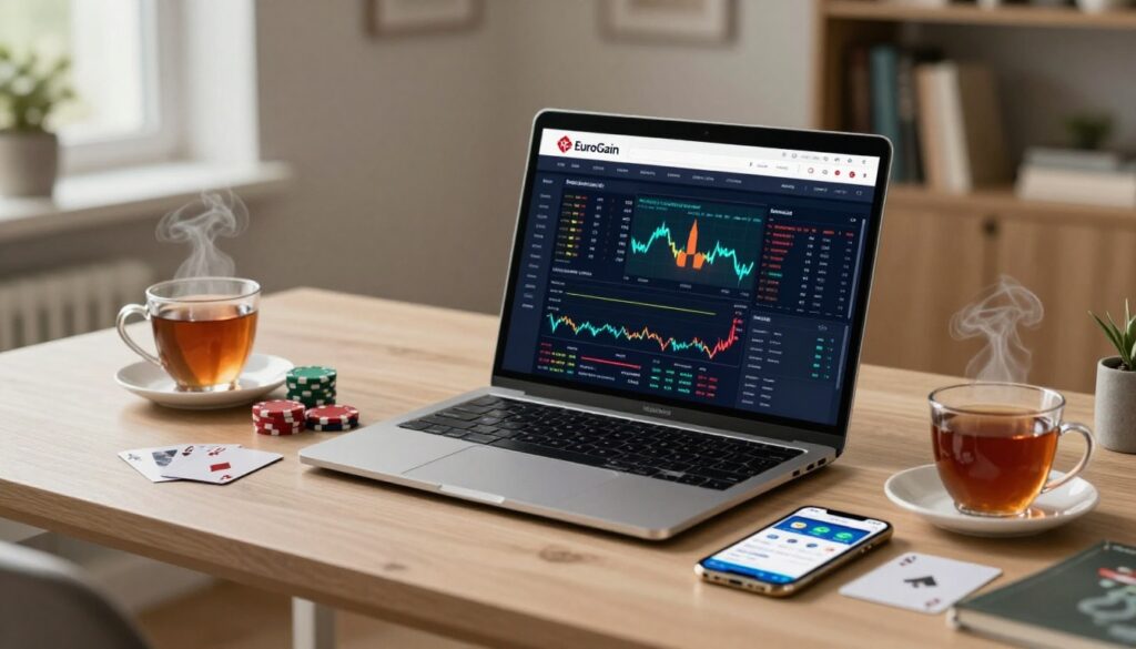 Laptop and phone showing casino tools beside chips, cards, tea, and a Union Jack coaster.