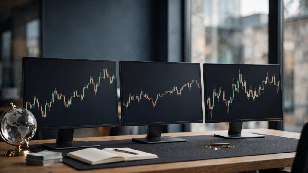 Three monitors display market charts beside a globe, currency notes, and a notebook.