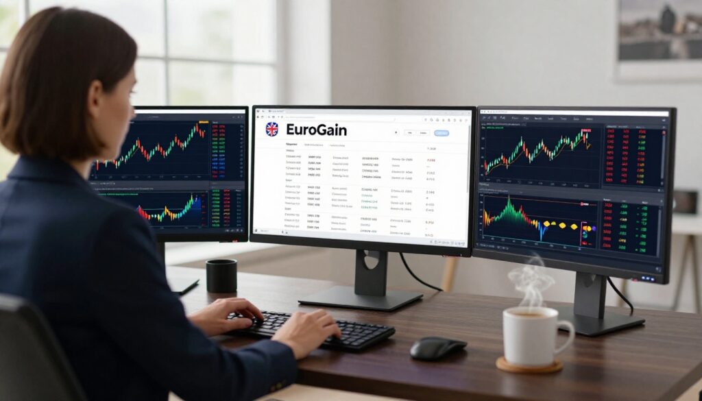 Female trader at a home office desk with three chart monitors and a mug of tea.