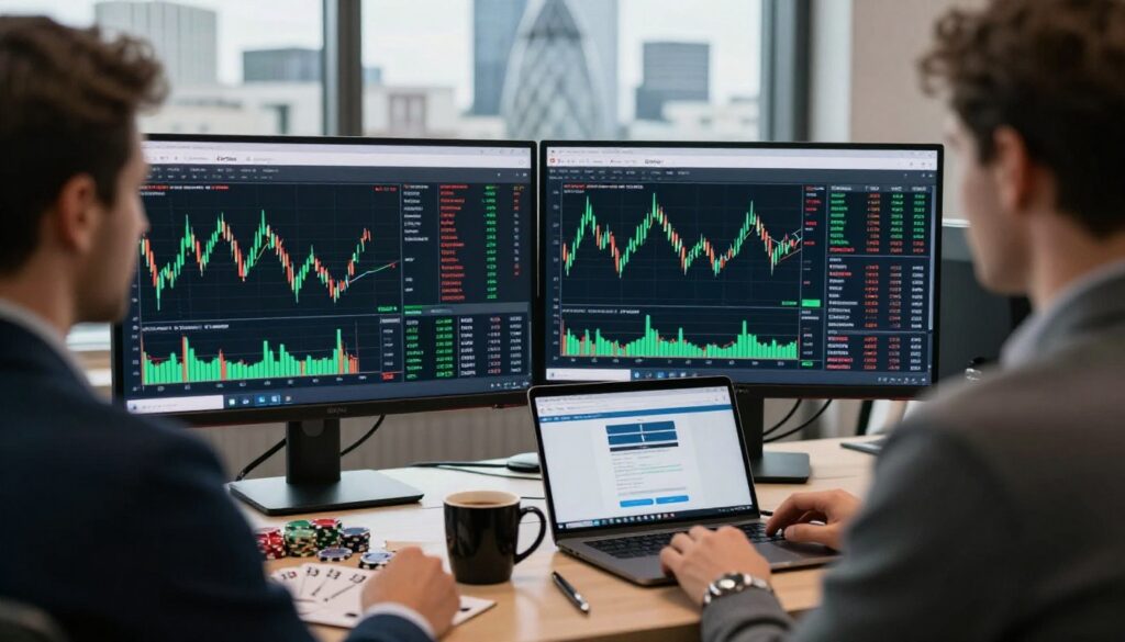 Trading monitors, a laptop, coffee mug, and Union Jack notebook sit beside City skyline windows.
