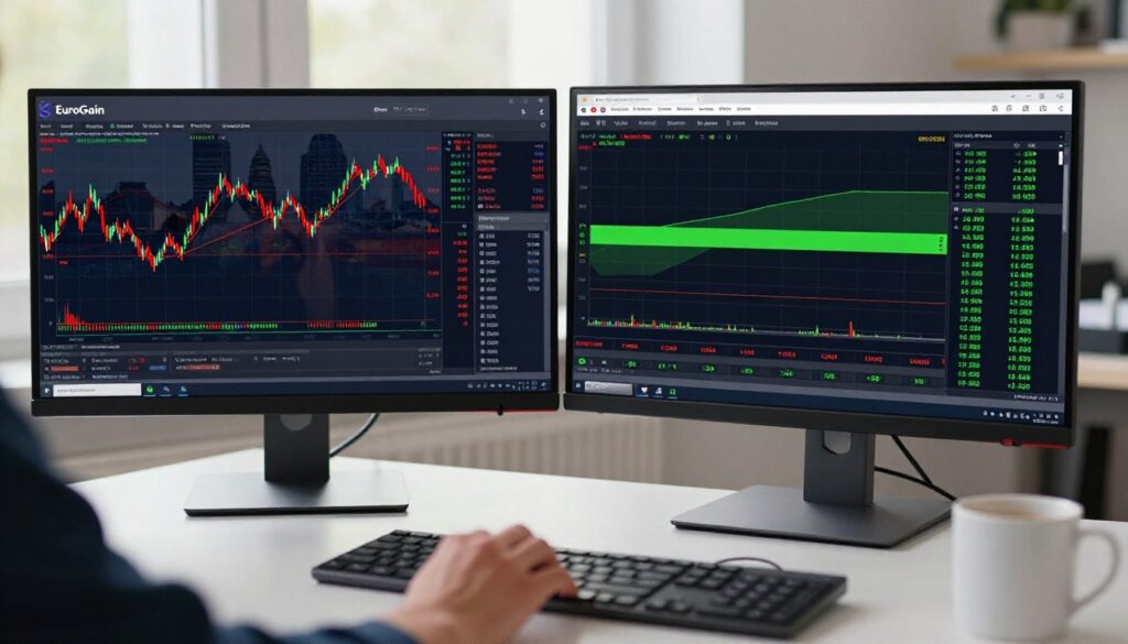 Two trading monitors compare a wide forex spread with a low spread and commission.