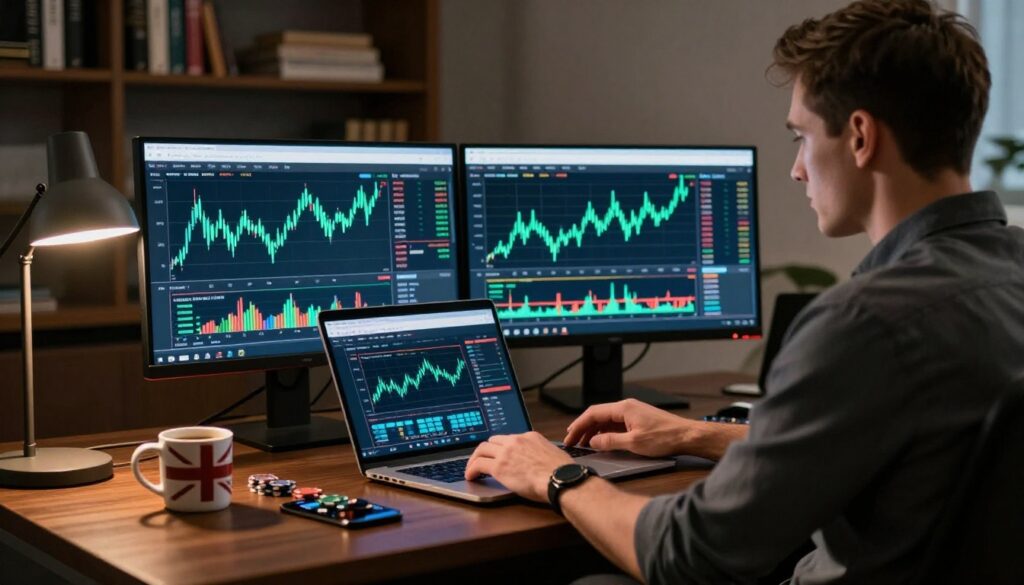 Professional reviewing forex charts beside a laptop in a UK-style home office.
