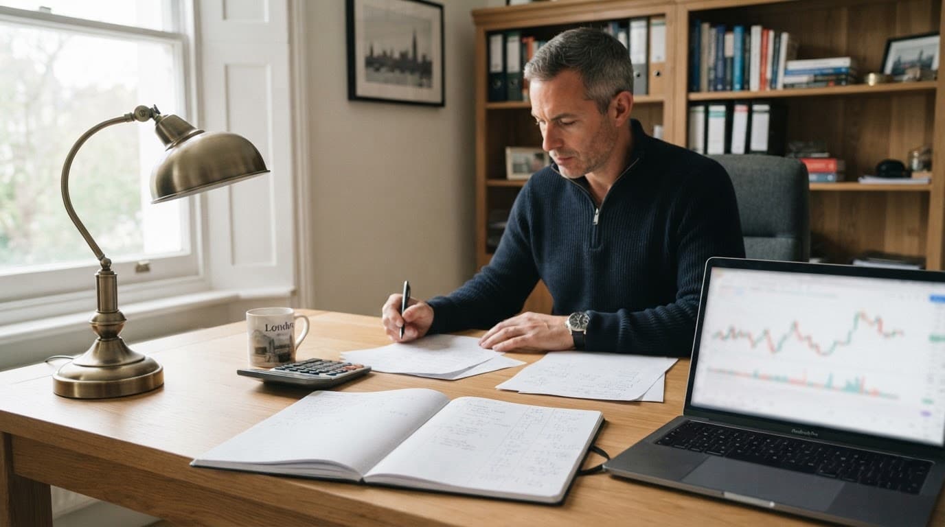 A UK trader reviews forex costs beside a calculator, notes, and laptop.