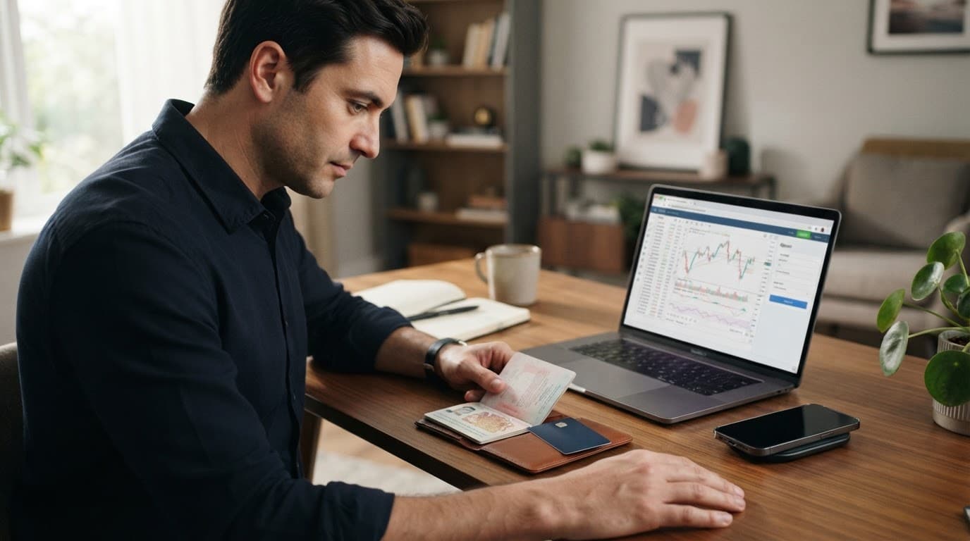 UK trader checking identity documents beside a bank card, laptop, and phone.