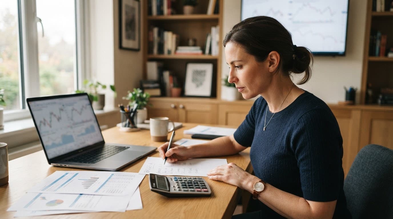 A forex trader compares broker fees beside a laptop, calculator, and desk papers.