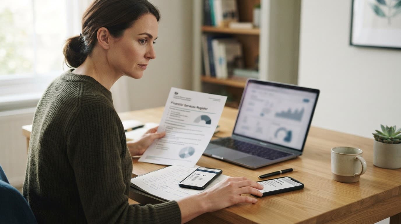 A consumer checks broker details beside a laptop, blurred document, notebook, and phone.