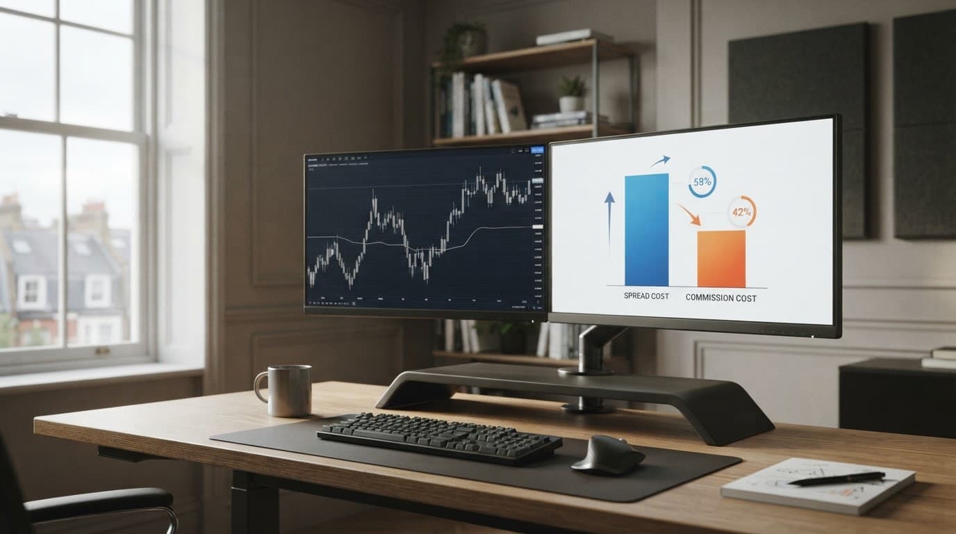 Two monitors compare forex spread pricing and commission costs on a professional desk.
