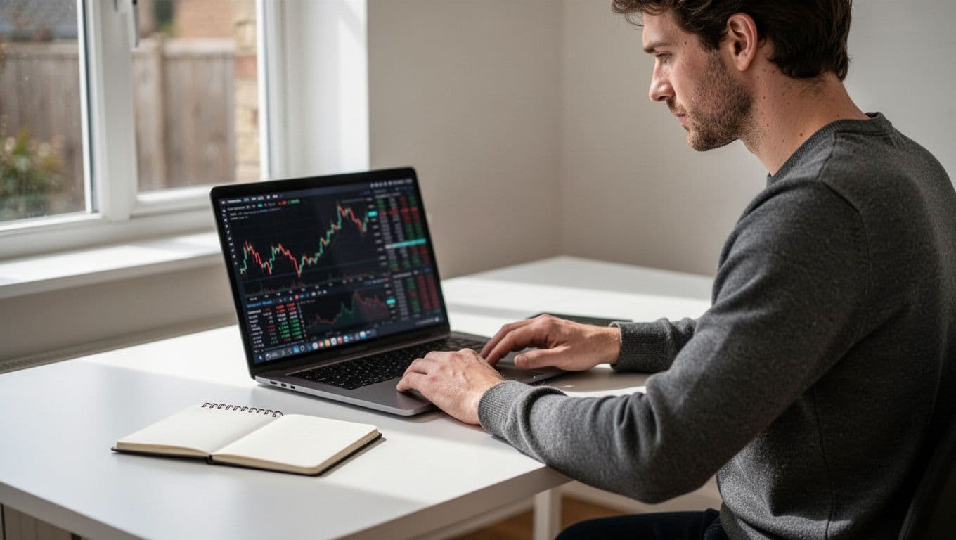 A UK trader reviews forex costs beside a laptop and notebook at a home office desk.
