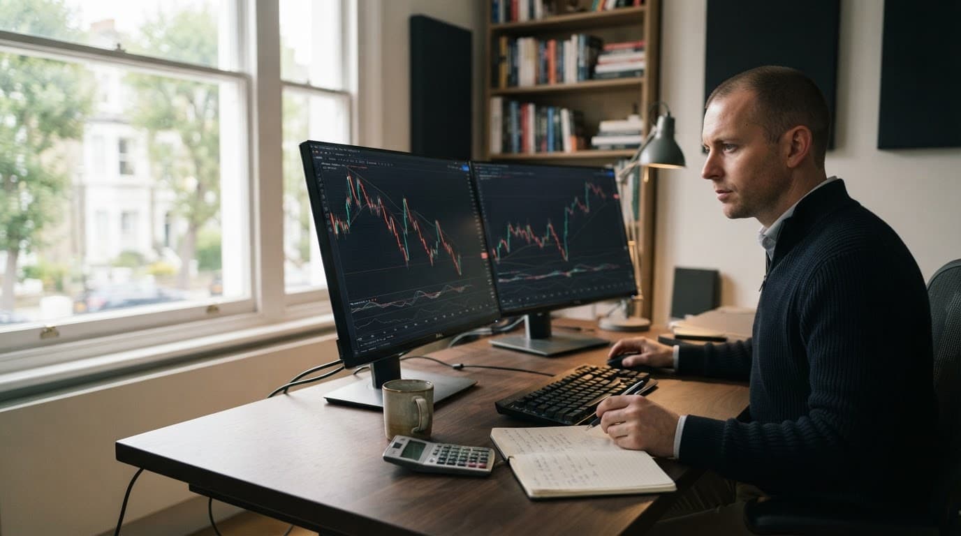 A forex trader reviews two market charts beside a notebook and calculator.