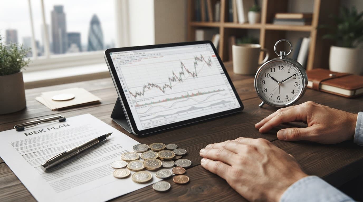 Tablet, clock, coins, and pen with two hands nearby.