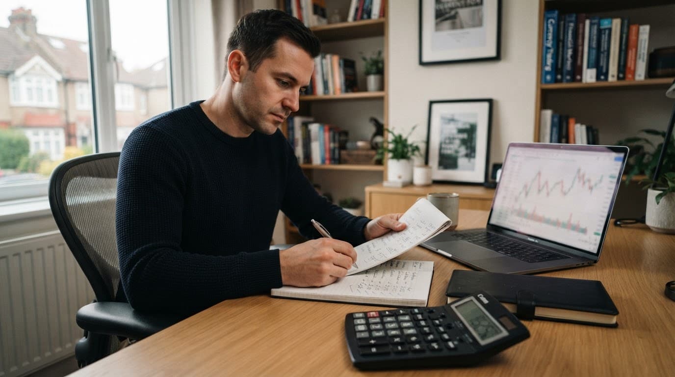 A forex trader reviews fee notes beside a calculator and laptop.