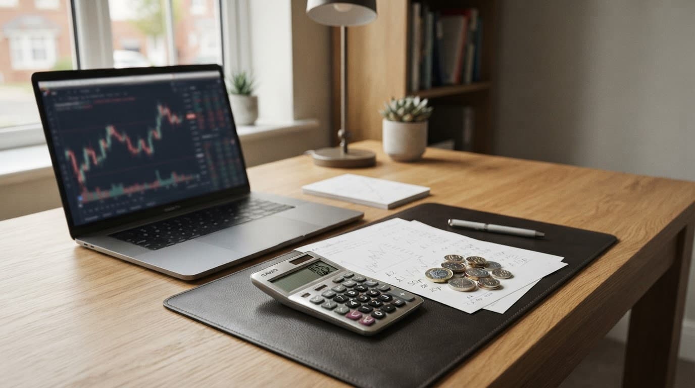 Calculator, currency coins, trade notes, and a laptop with blurred charts on a home-office desk.
