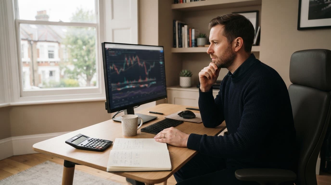 A UK trader reviews blurred forex charts beside a calculator and notebook.