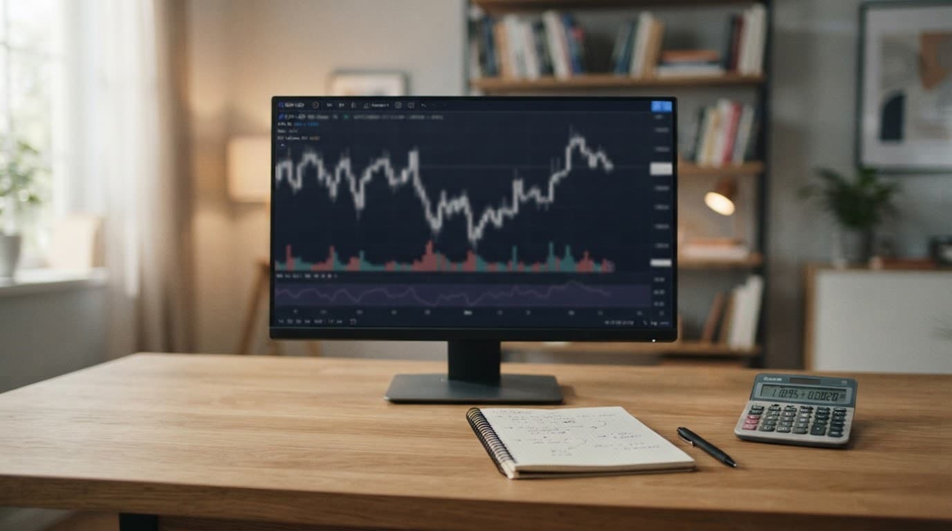 A monitor with blurred forex charts, calculator, and notebook on a tidy desk.