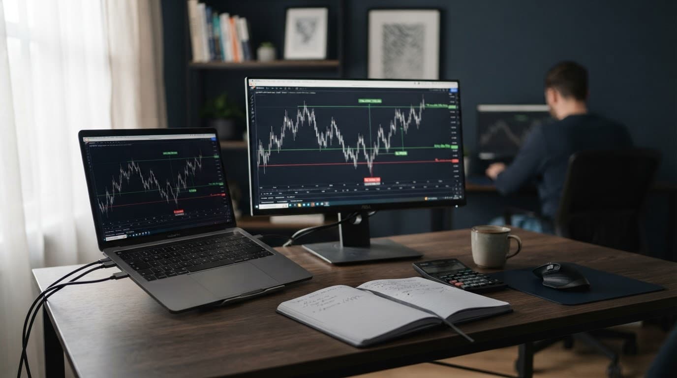 Laptop and monitor showing generic trading charts beside a notebook and calculator.