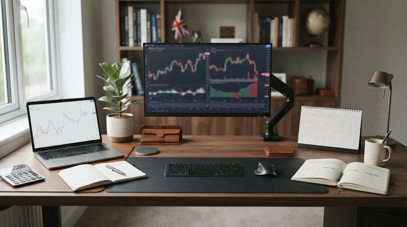 A home-office desk shows occasional, active, and overnight forex trading setups.