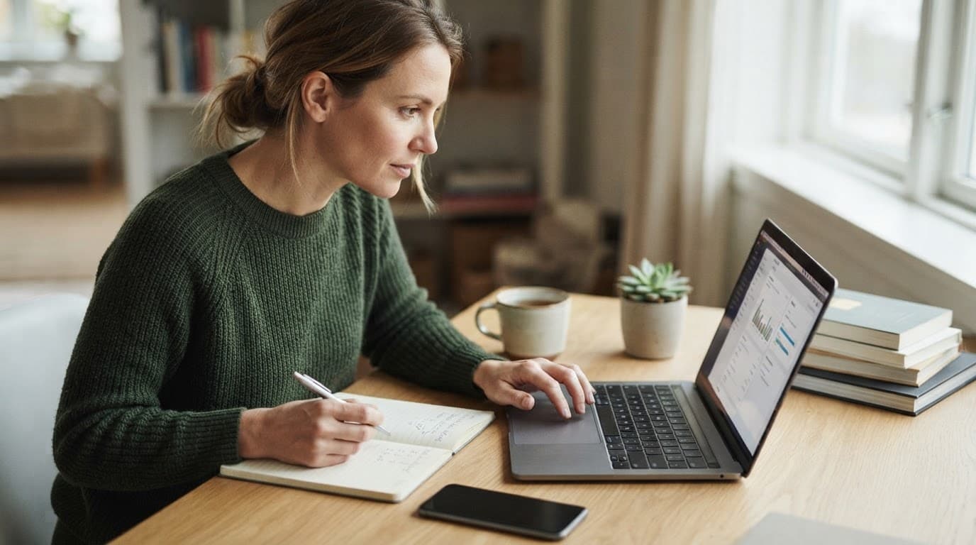 Adult reviewing gambling limits on a laptop beside a phone and budget notebook.