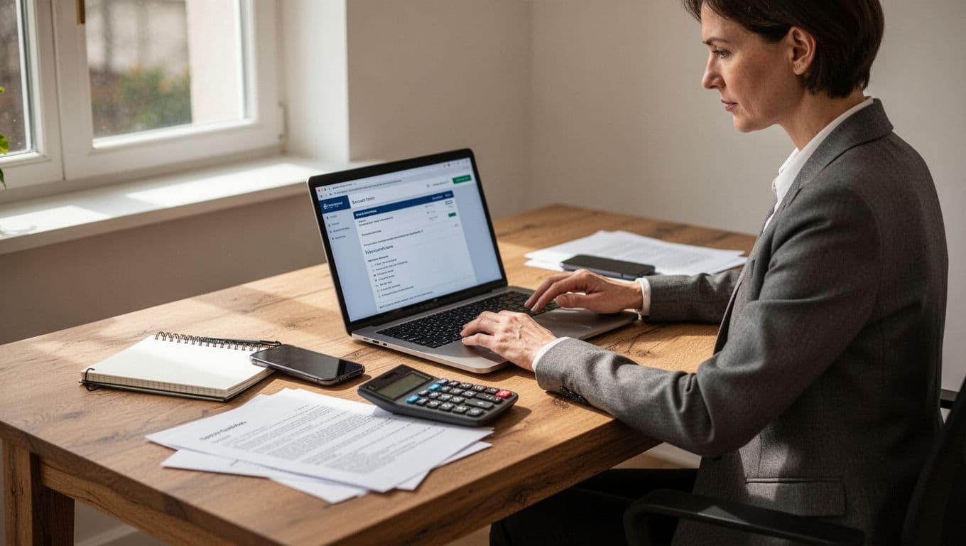 An adult reviews account documents beside a laptop in a tidy home office.
