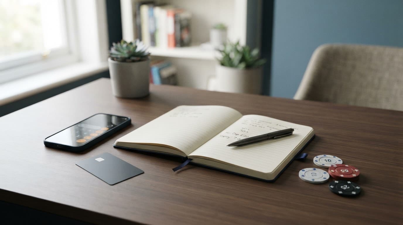Smartphone, bank card, notebook, and casino chips on a tidy home desk.