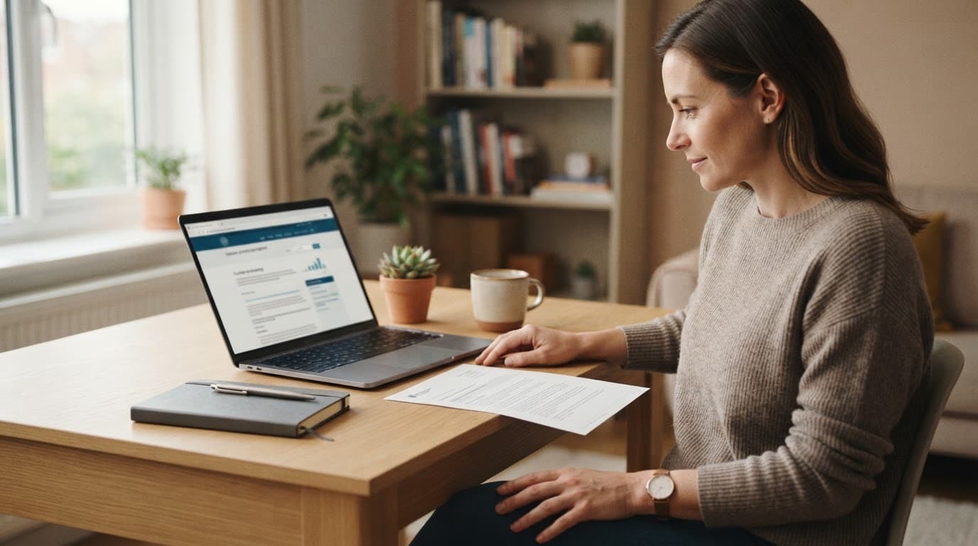 A person checks a laptop beside a regulatory document and notebook at a home-office desk.