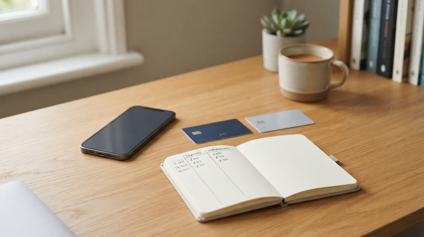 A phone, two cards, and a notebook arranged on a tidy home office desk.