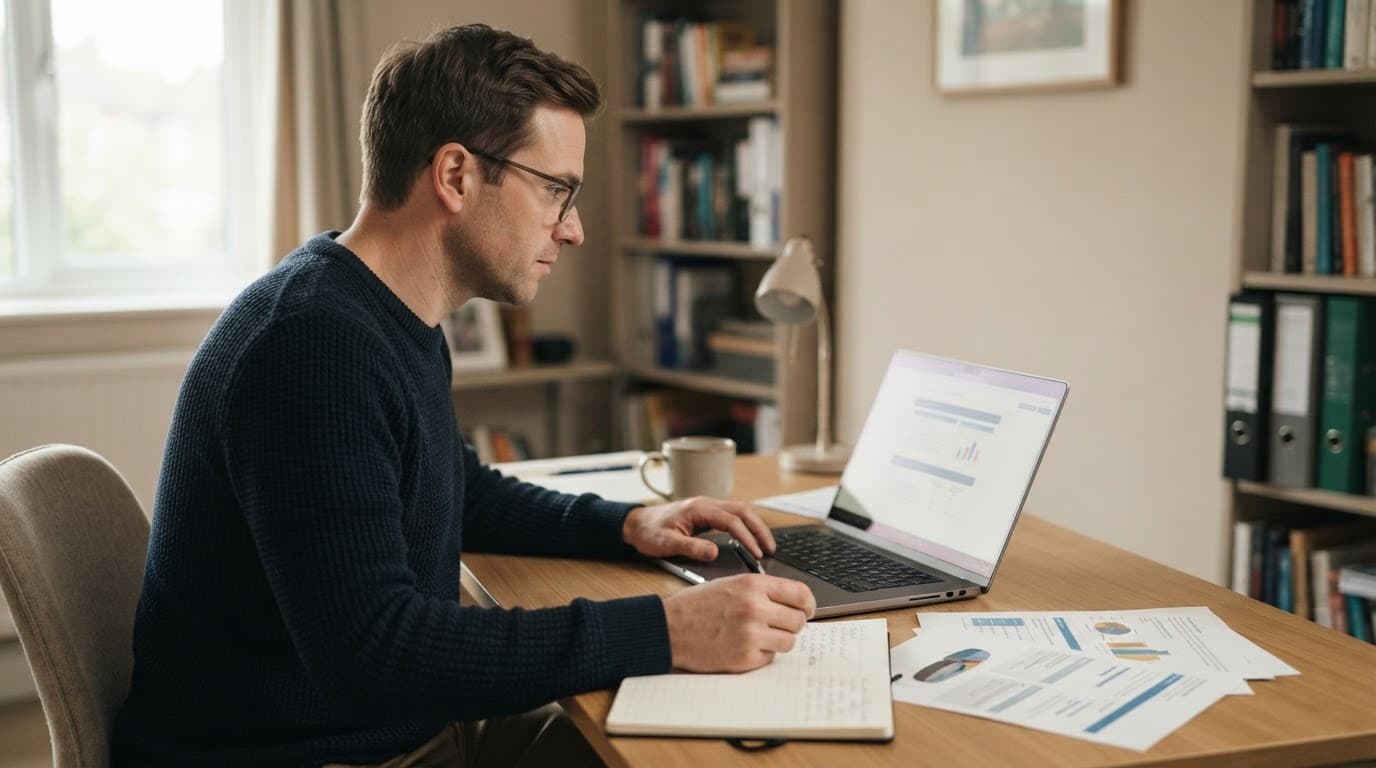 Adult reviewing a laptop beside notes and regulatory papers at a tidy home-office desk.