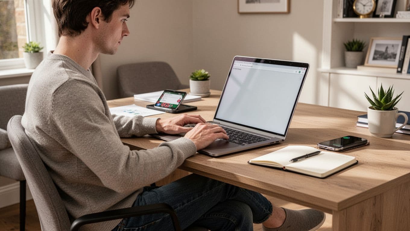 A person checks a laptop beside a phone and notebook at a tidy home office desk.