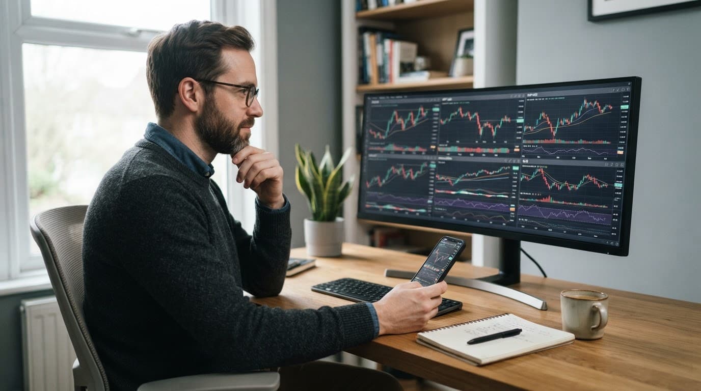 A trader reviews charts on a monitor beside a smartphone, notebook, and coffee.