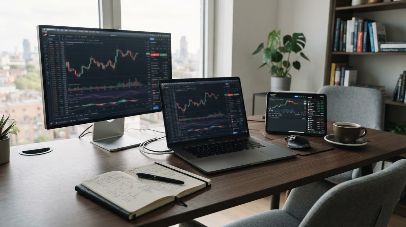 A home office desk with trading screens, a notebook, and coffee.