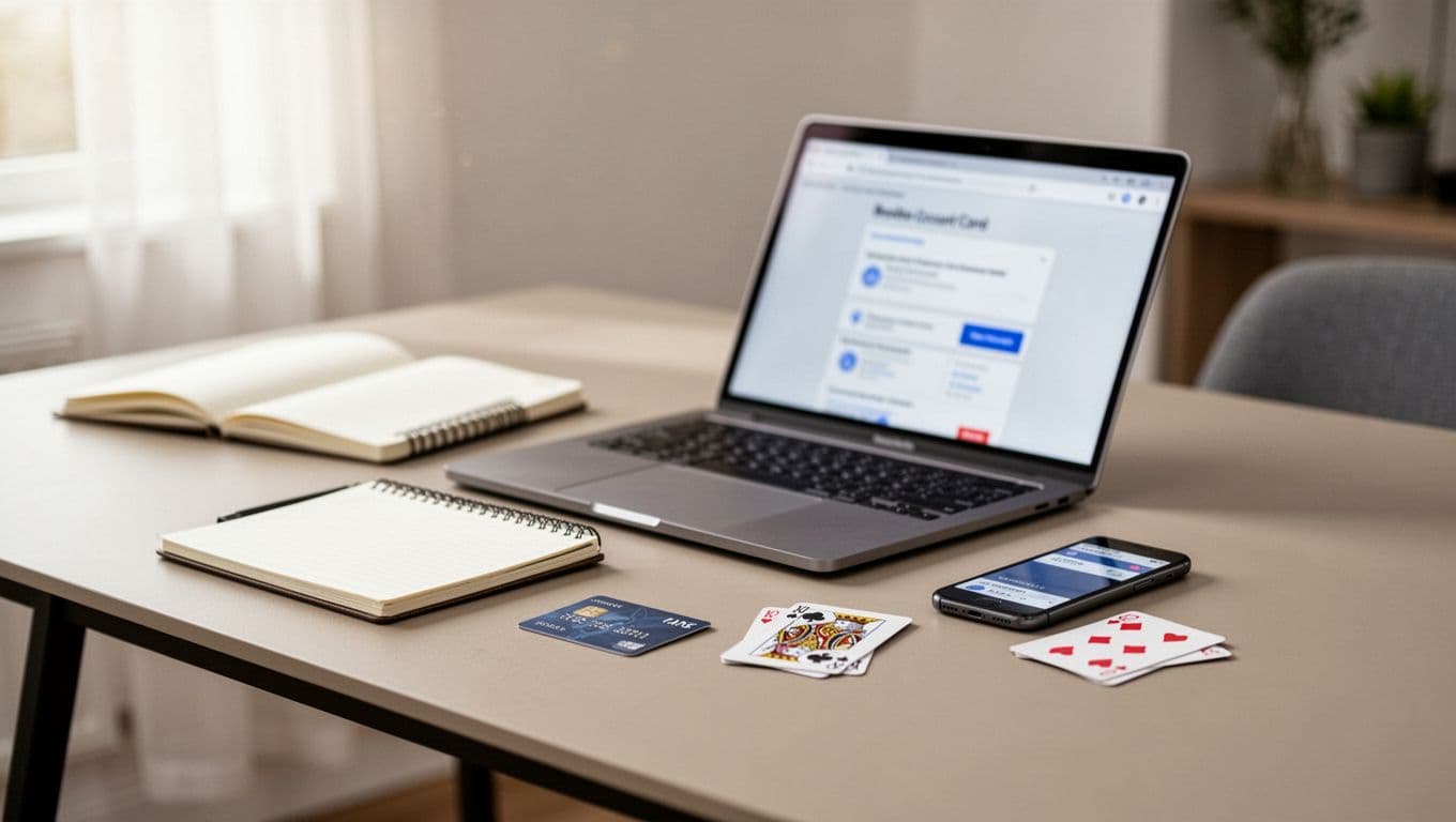 Tidy desk with a laptop, phone, notebook, bank card, and playing cards.