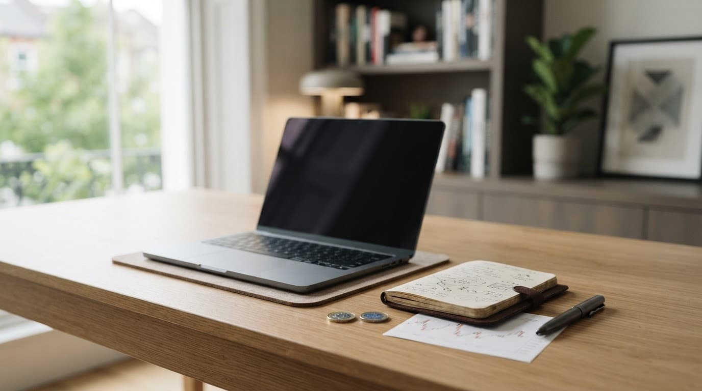 Laptop with blurred market charts, notebook, and subtle investing symbols on a tidy desk.
