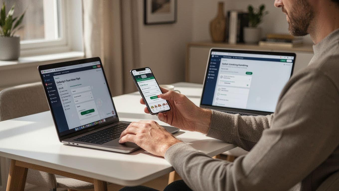 An adult checks a smartphone beside a laptop at a tidy home desk.