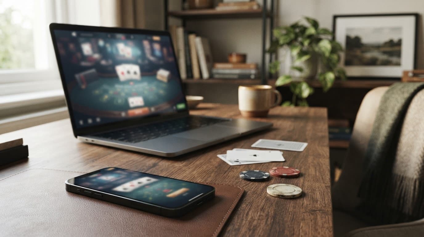 A smartphone and laptop beside playing cards and chips in a bright home office.