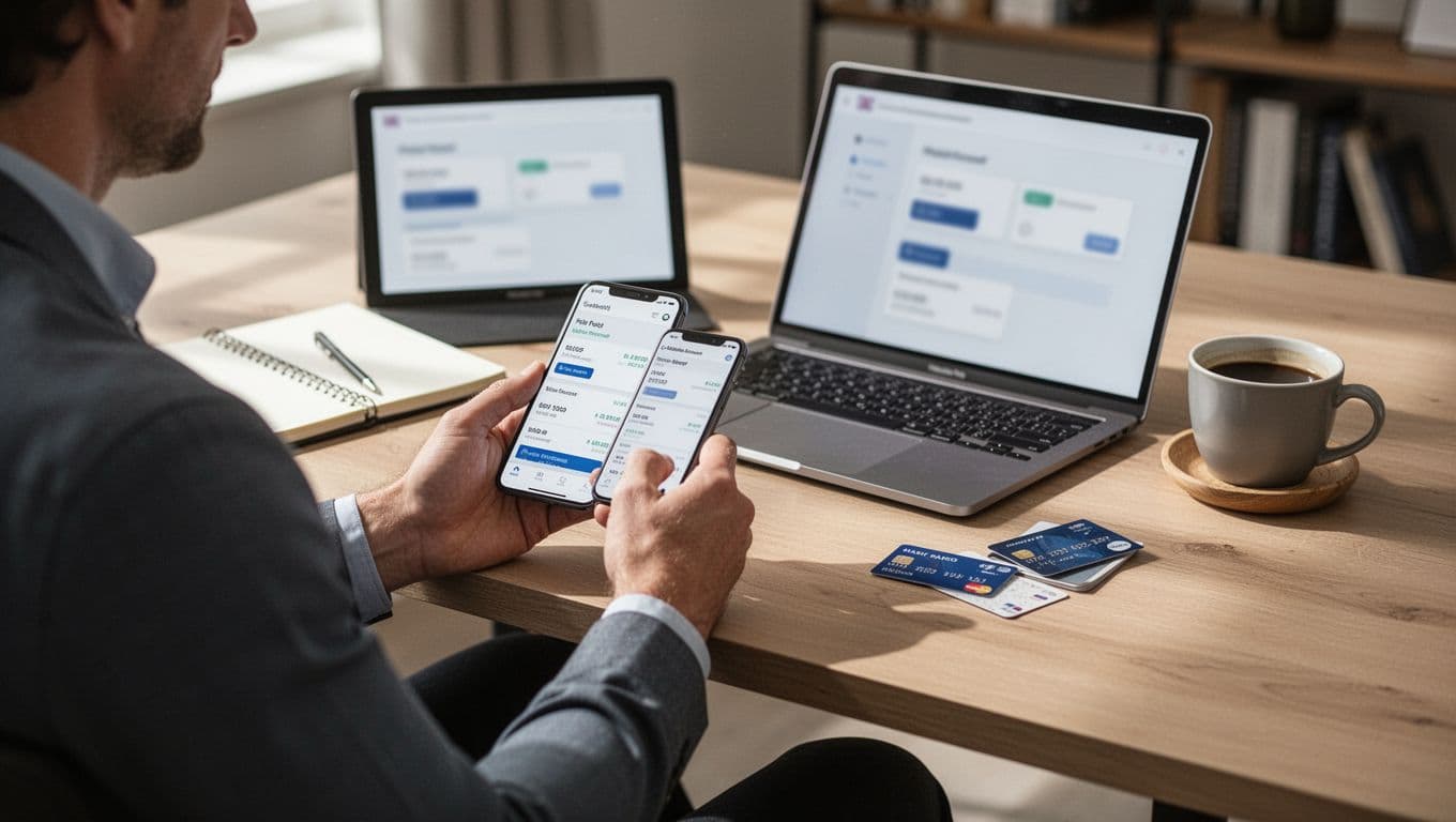 Adult checking a smartphone beside a laptop at a home office desk.