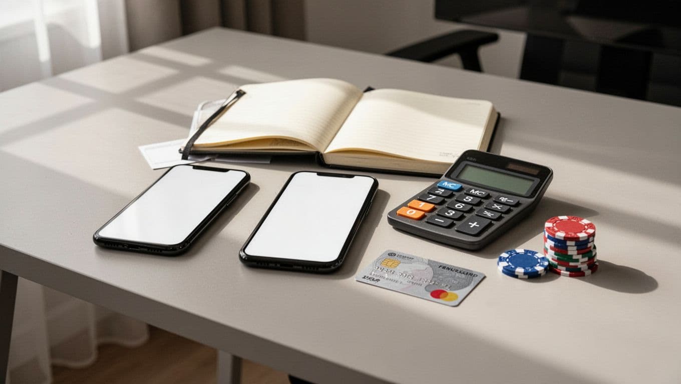 A smartphone, notebook, calculator, bank card, and casino chips on a tidy desk.